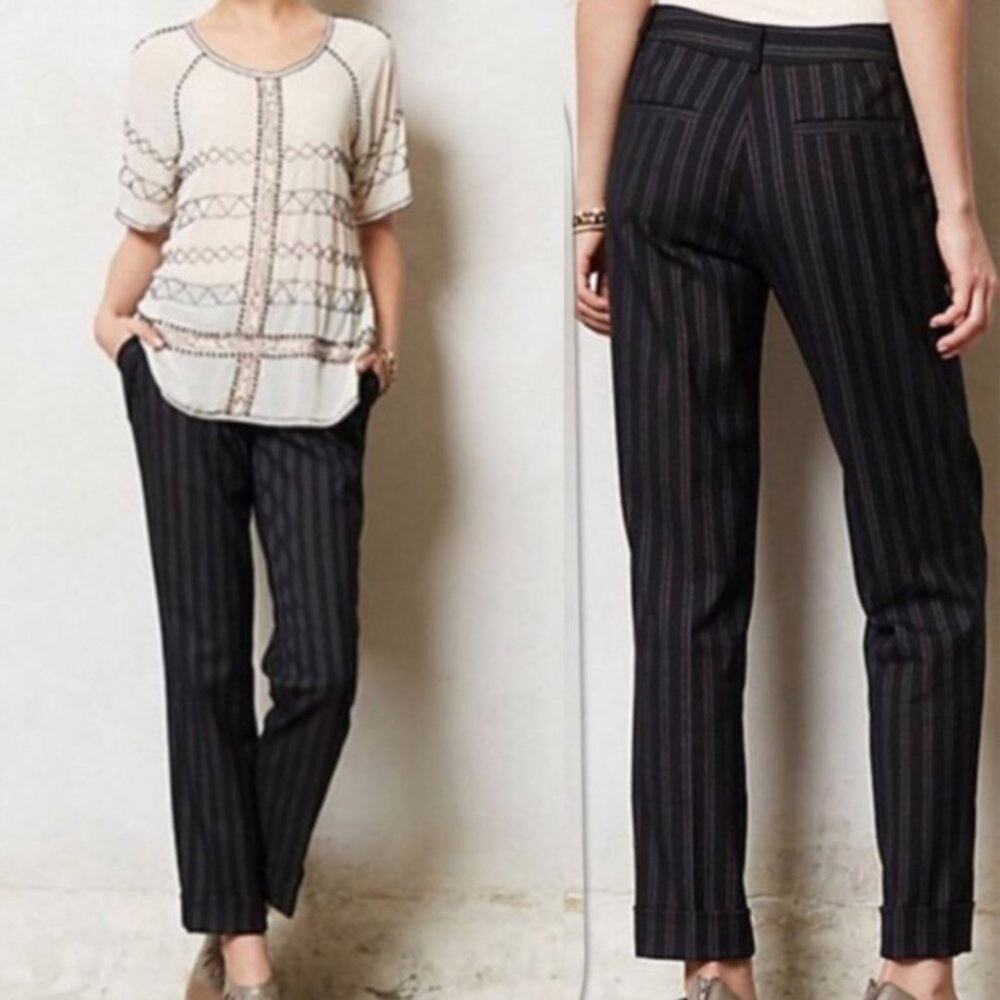 Cartonnier Lou Taper Trouser Pants Black Wool Pin Striped Stretch Size 10